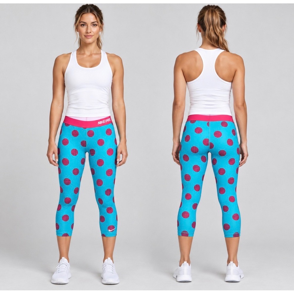 Nike Pro Women's Turquoise Pink Polka Dot Compression Capri Leggings Size L